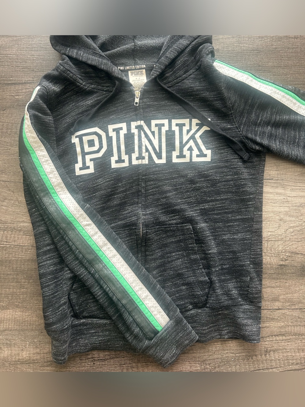 Victoria's Secret PINK Zip Hoodie with Green & Silver Sleeve Stripes